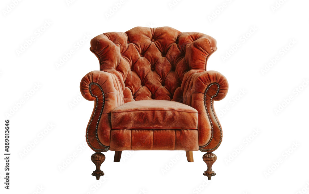 A classic armchair with tufted velvet upholstery and decorative wooden legs A classic armchair with tufted velvet upholstery and decorative wooden legs