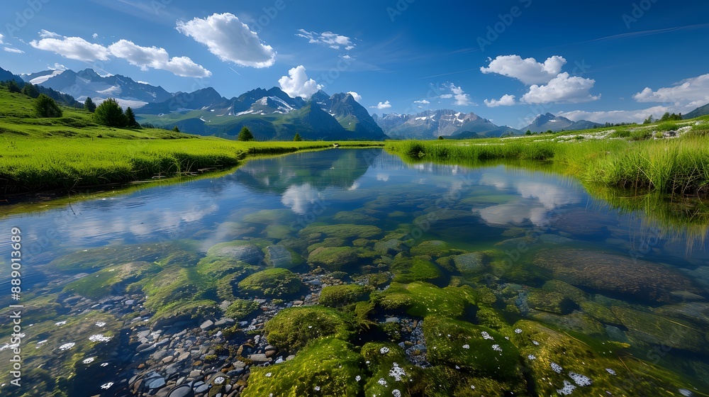 Refreshing Summer Storm in Alpine Meadow: Vibrant Greens and Blues with Clear Stream Splashes Refreshing Summer Storm in Alpine Meadow: Vibrant Greens and Blues with Clear Stream Splashes