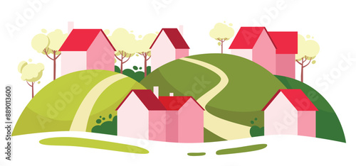 Cottage houses neighborhood in a parkland with trees and green hills. Many bright cute pink houses on hills. Real estate and home ownership concept illustration