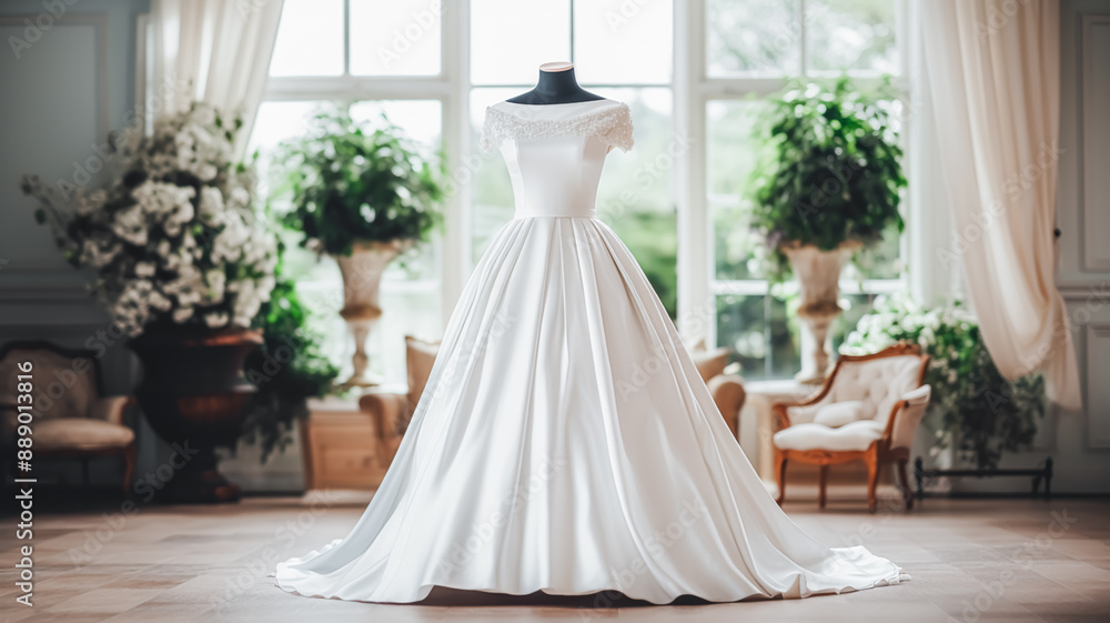 Fototapeta premium Wedding drees, bridal gown style and bespoke fashion, full-legth white tailored ball gown in showroom, tailor fitting, beauty and wedding inspiration