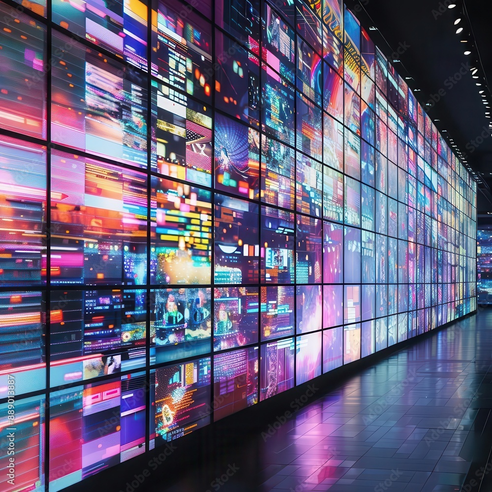 futuristic media wall with countless screens displaying diverse content creating a mesmerizing mosaic of colors information and moving images futuristic media wall with countless screens displaying diverse content creating a mesmerizing mosaic of colors information and moving images