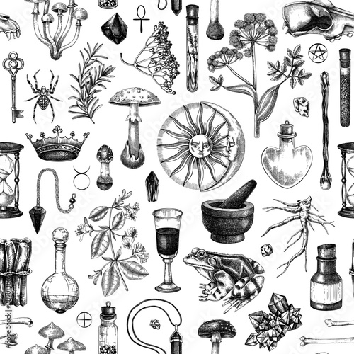 Witchraft seamless pattern. Bohemian background. Magic ingredients and floral elements. Antique apothecary, alchemy, tarot card design. NOT AI generated