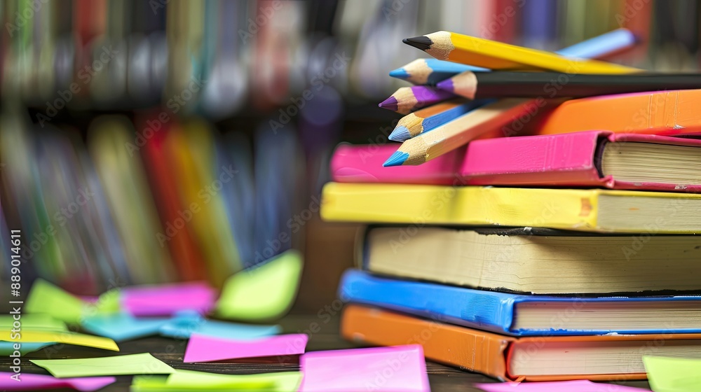 Pencils placed on a stack of books, surrounded by colorful sticky notes Pencils placed on a stack of books, surrounded by colorful sticky notes