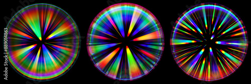 Photos Set of colorful glass circle banners with glowing prism spectrum refraction light trails inside