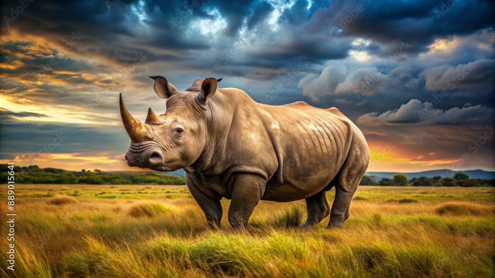 Obraz premium Majestic and powerful rhinoceros in its natural habitat, rhino, wildlife, safari, horn, endangered, mammal, animal