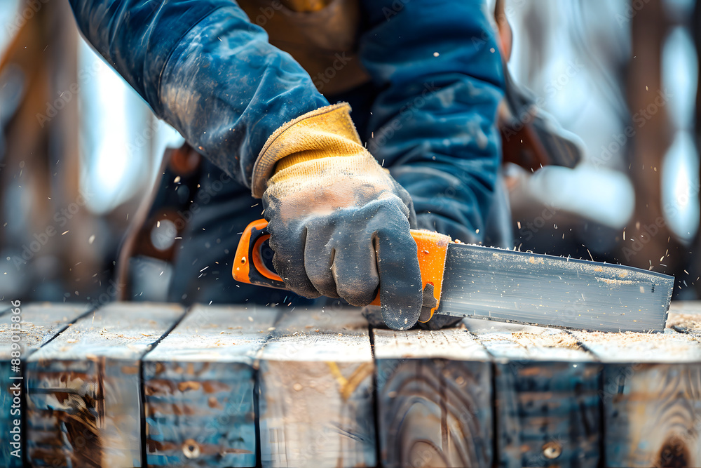 Hands of construction worker using a hacksaw to cut wood. Hands of construction worker using a hacksaw to cut wood.