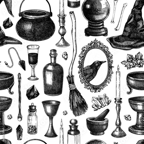 Bohemian-style witchcraft background. Vinatge Halloween sketches. Hand-drawn vector illustration. Witchcraft seamless pattern. NOT AI generated