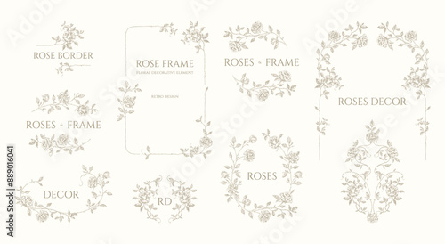  Set of  corners, borders and monogram frames. Rose decor.