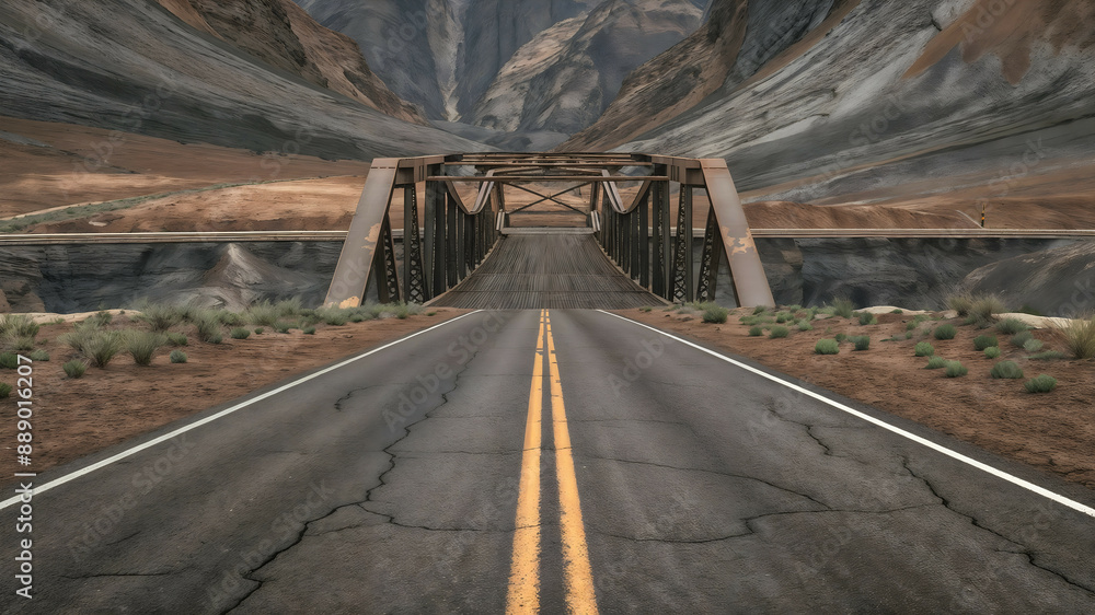 Naklejka premium A cracked asphalt road with double yellow lines leading to a bridge in a desert landscape with rocky cliffs