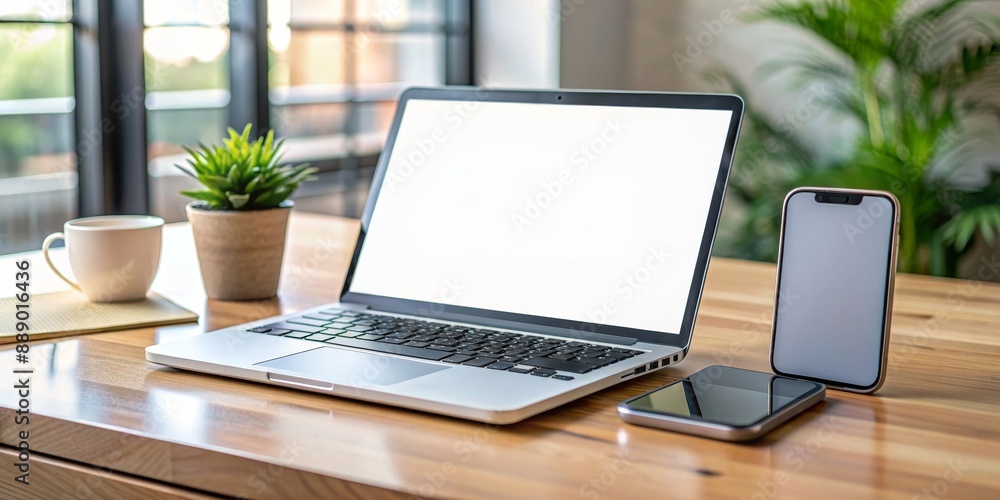 Fototapeta premium Modern XL smartphone next to a laptop on a desk, technology, communication, mobile device, large screen