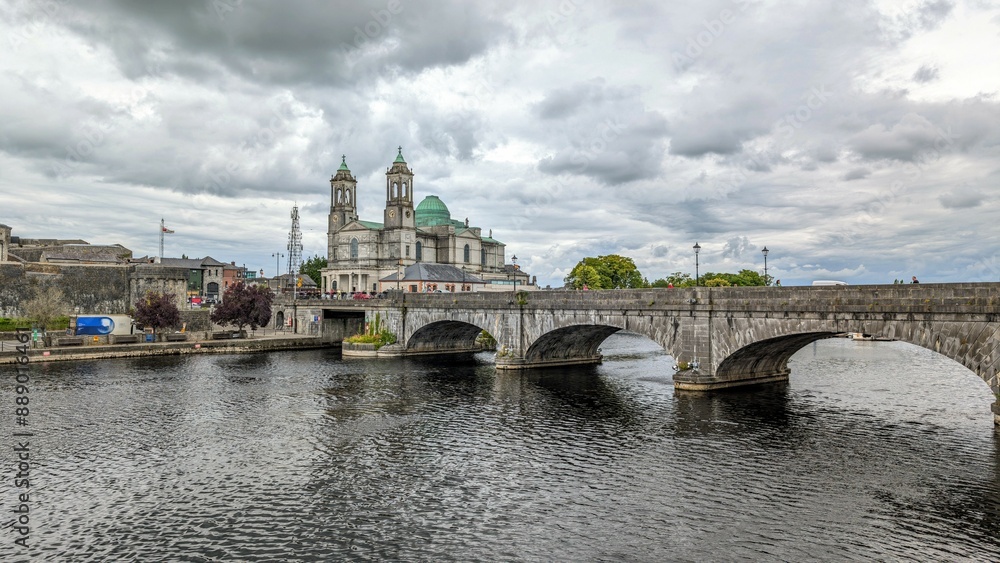 Beautiful old cityscape scenery, Church of Saints Peter & Paul by Shannon river at Athlone, town in Westmeath, Ireland, landmark and architecture background