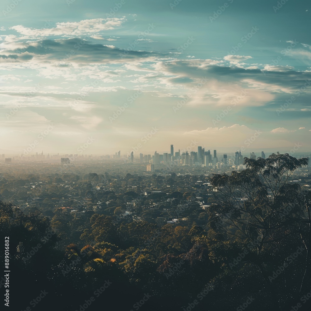 A panoramic view of a city from a distance, with a few tall buildings standing out against the horizonand clouds visible A panoramic view of a city from a distance, with a few tall buildings standing out against the horizonand clouds visible