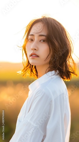 Young woman with short hair in white shirt standing outdoors at sunset, looking at the camera with a serene expression. Natural light and warm tones.