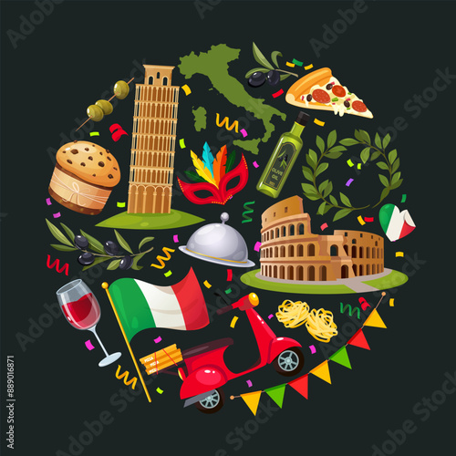 Italian vector seamless pattern with architectural monument, dishes and drinks, national flag.
