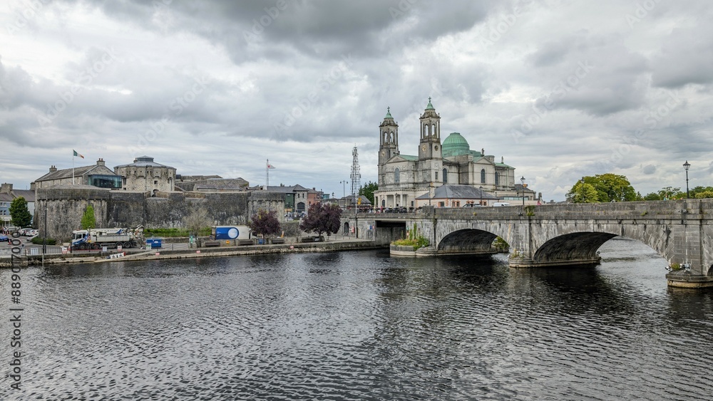 Beautiful old cityscape scenery, Church of Saints Peter and Paul by Shannon river at Athlone, town in Westmeath, Ireland, landmark and architecture background