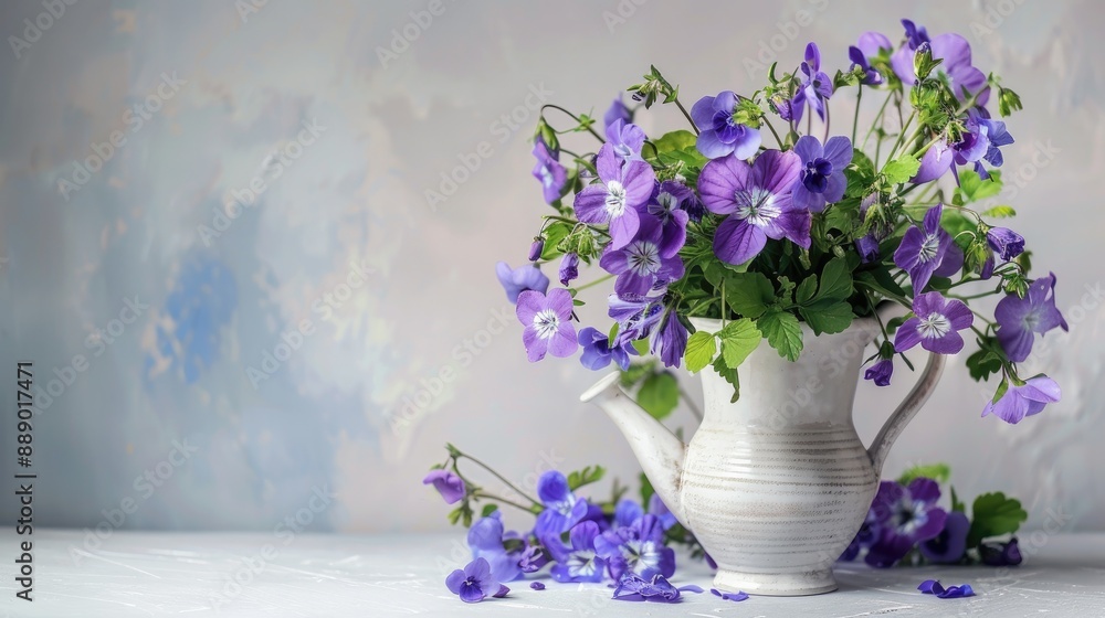 Spring bouquet of sweet violet flowers in vase on white background Studio photo of decorative still life with purple and blue flowers in a jug Spring bouquet of sweet violet flowers in vase on white background Studio photo of decorative still life with purple and blue flowers in a jug