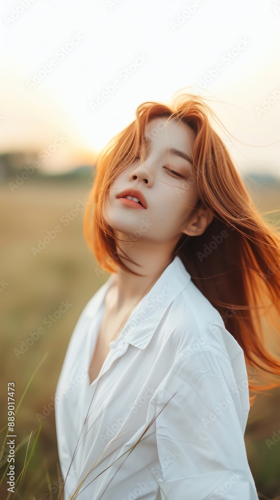 Serene young woman with closed eyes enjoying the sunlight in a grassy field, wearing a white shirt. Serene young woman with closed eyes enjoying the sunlight in a grassy field, wearing a white shirt.