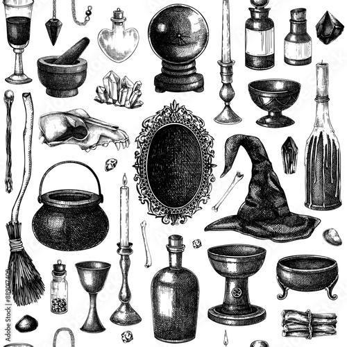 Bohemian-style witchcraft background. Vinatge Halloween sketches. Hand-drawn vector illustration. Witchcraft seamless pattern. NOT AI generated