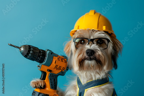 Portrait of funny dog holding a drill on color background. Happy Labor day. photo