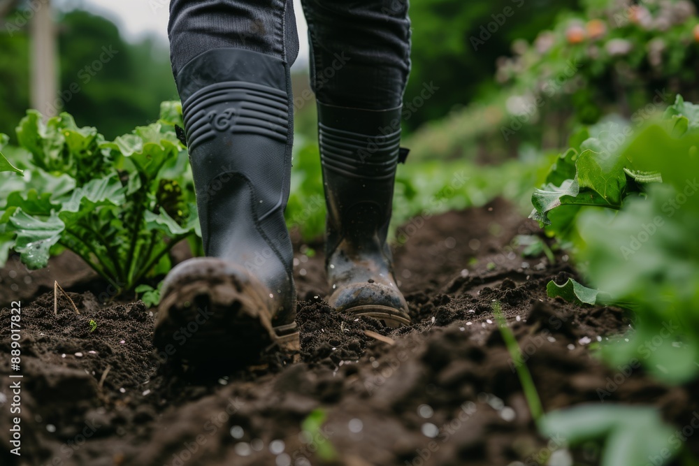 Close-up view of person walking through soil in black boots, emphasizing agricultural work. Close-up view of person walking through soil in black boots, emphasizing agricultural work.