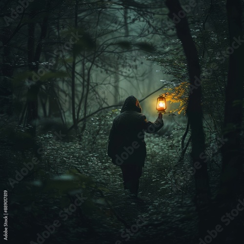 A person holds a lantern in a dark, dense fores light in hands