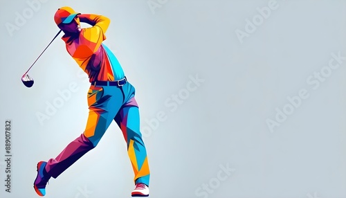 Colorful geometric shape illustration of golf player after hitting the ball