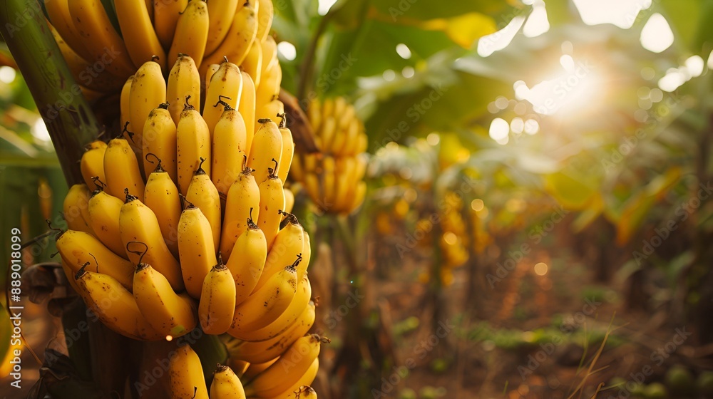 Naklejka premium A bunch of ripe yellow bananas hanging on a banana tree in a sunlit plantation.