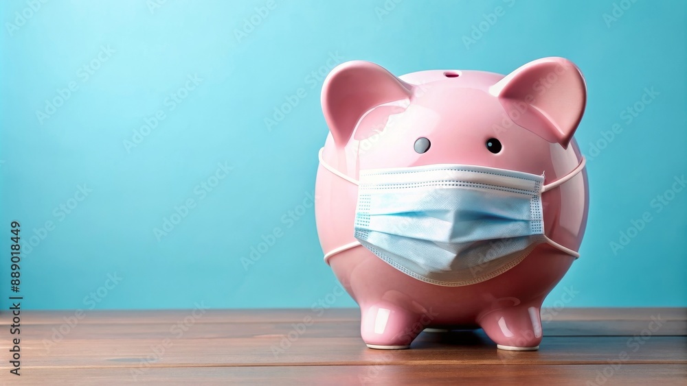 Piggy bank wearing a face mask to protect against the Corona Virus, savings, financial planning, health, money, pandemic Piggy bank wearing a face mask to protect against the Corona Virus, savings, financial planning, health, money, pandemic