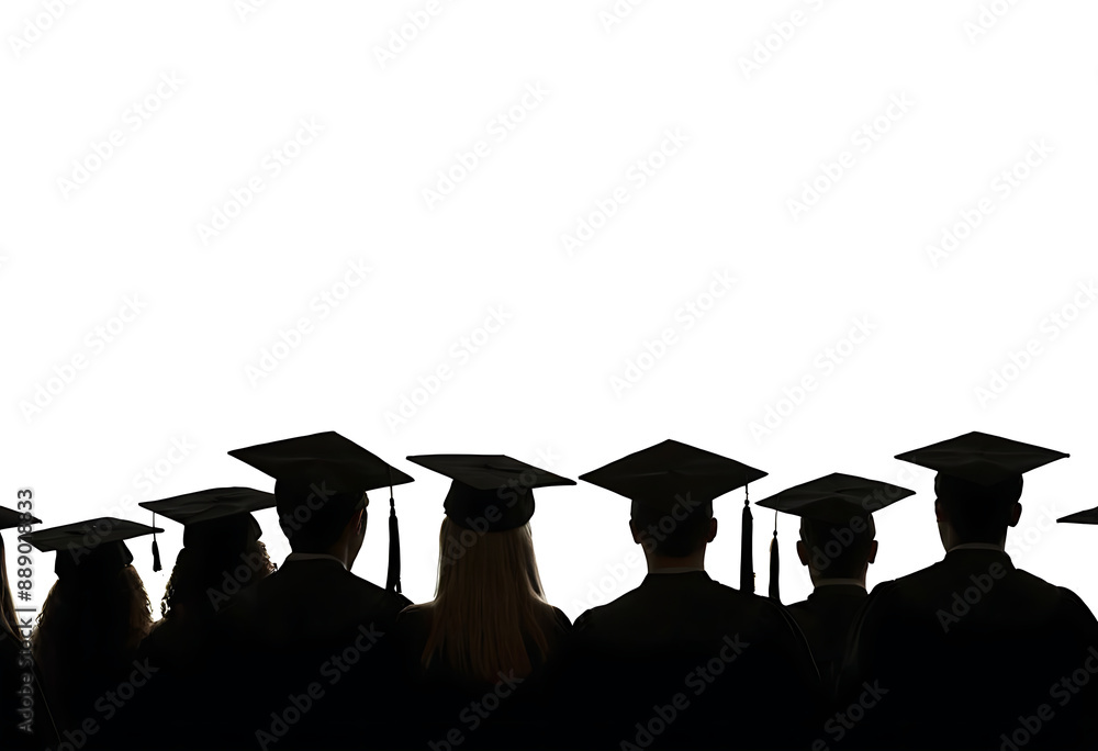 Silhouettes of graduates in caps and gowns, facing away from the camera. Perfect for graduation announcements, school websites, or educational materials.