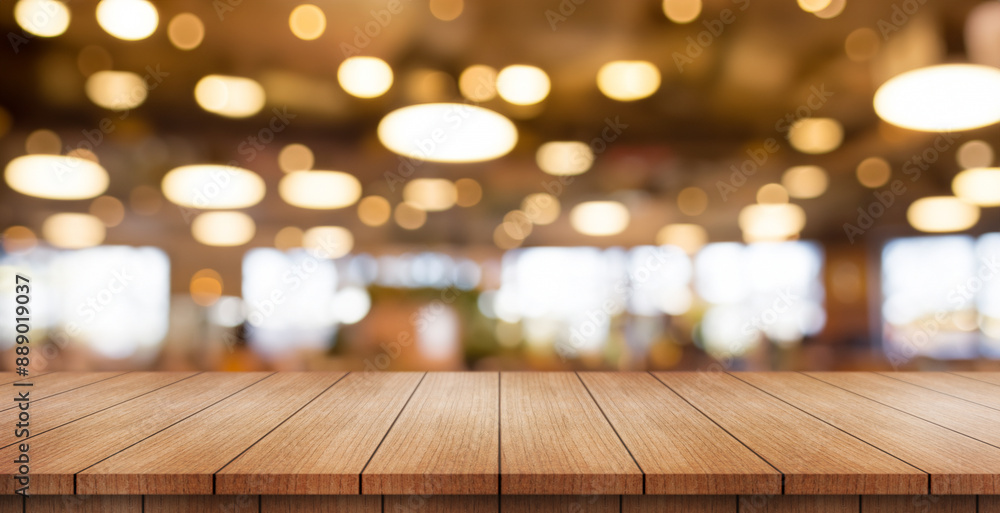 Empty wooden table top with lights bokeh on blur restaurant background. Empty wooden table top with lights bokeh on blur restaurant background.
