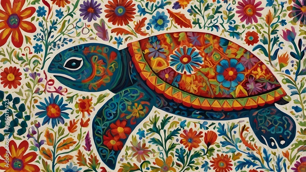 Fototapeta premium Otomi embroidery, featuring a Turtle adorned with whimsical and intricate designs hispanic textile. 