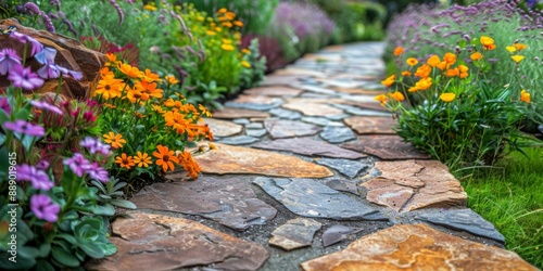 Stone Path Through Colorful Garden in Summer