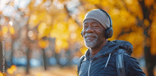 Senior Man Jogging In Park With Headphones On
