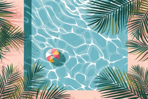 Overhead View of Swimming Pool With Palm Trees and Beach Ball