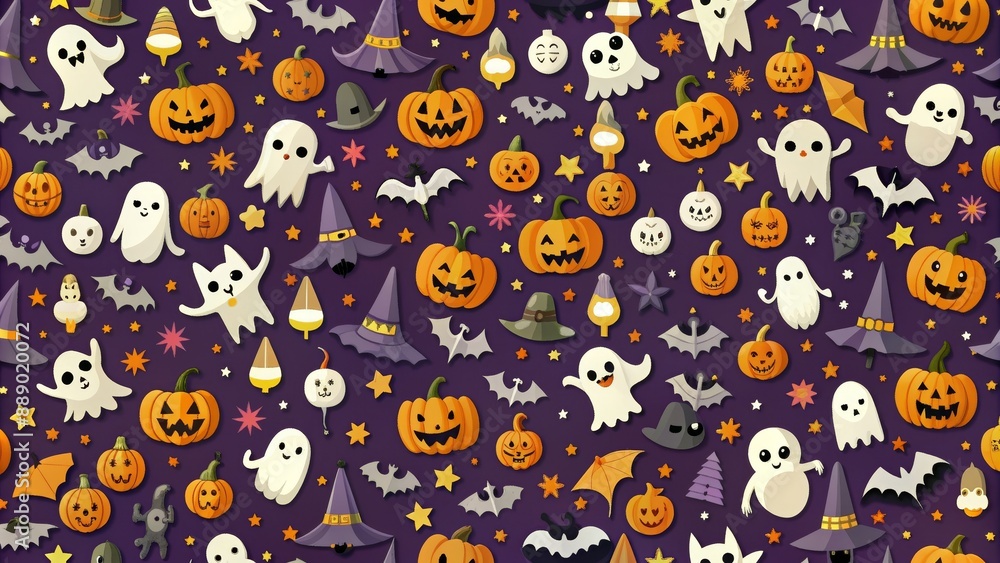 Fototapeta premium Spooky Halloween seamless pattern with bats, ghosts, pumpkins, and witches, Halloween, seamless, pattern, bats, ghosts, pumpkins