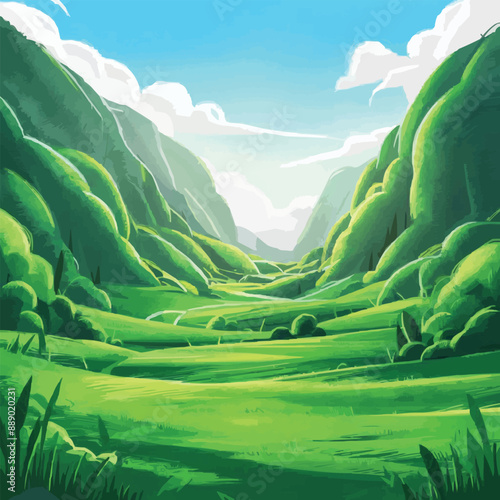 Flat sketch of a charming countryside field, nature-inspired, vibrant colors, simple and clean lines, expansive view, calm and inviting mood, soft lighting, narrow depth of field, 1:1 aspect ratio.