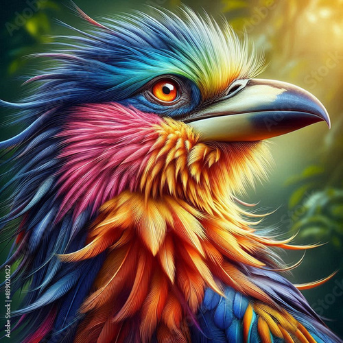 Hybrid Majesty : image merges the face of an eagle with that of a parrot, displaying the eagle’s sharp gaze and beak alongside the vibrant feathers of a parrot