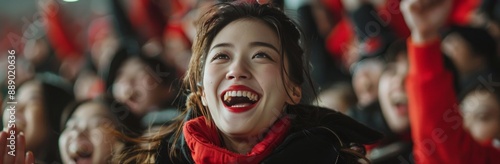 Woman in Red Scarf Smiles During Event