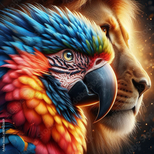“Hybrid Majesty”: The image combines the face of a parrot with that of a lion, showing the parrot’s beak and the lion’s mane and eyes