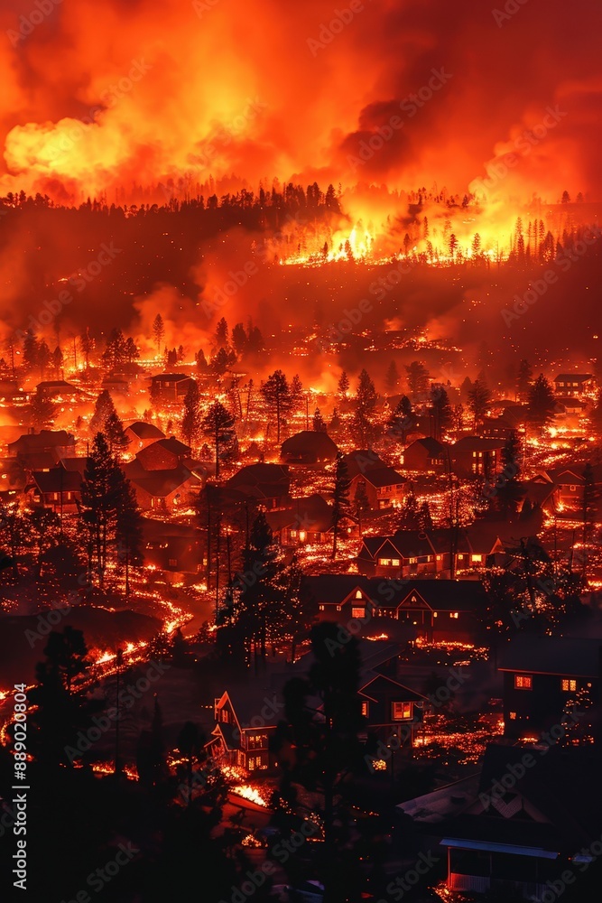Intense Wildfire Engulfing Forest and Residential Area at Night with Bright Flames and Smoke Intense Wildfire Engulfing Forest and Residential Area at Night with Bright Flames and Smoke
