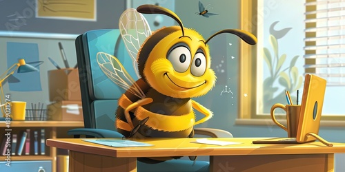 anthropomorphized bee cartoon working in the CEO office