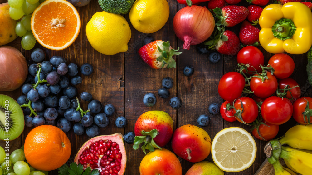 Close-up of a variety of fruits on a wooden table. Fresh fruits and vegetables on the surface. Food concept. Close-up of a variety of fruits on a wooden table. Fresh fruits and vegetables on the surface. Food concept.
