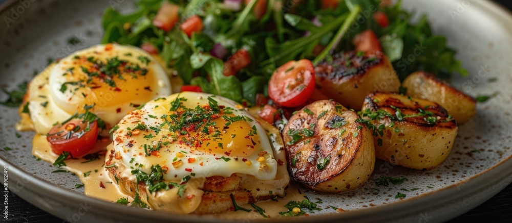 Delicious Eggs Benedict with Roasted Potatoes and Salad Delicious Eggs Benedict with Roasted Potatoes and Salad