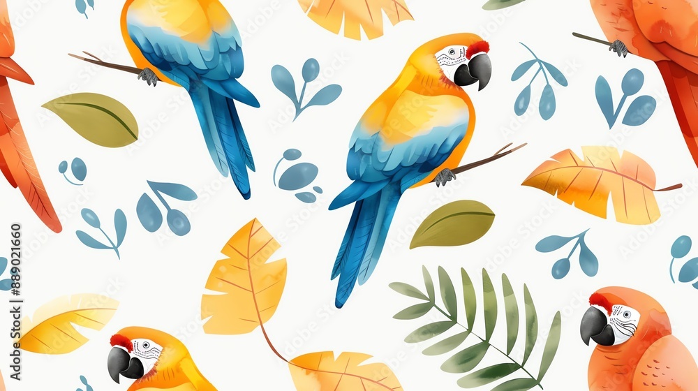 Fototapeta premium Seamless pattern with vibrant parrots, colorful leaves, and foliage on a white background. Perfect for tropical-themed designs and projects.