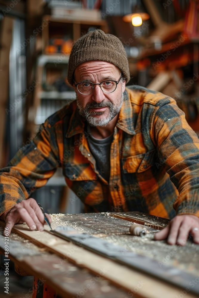 Skilled Craftsman Working in Woodshop with Tools and Materials, Focused on Precision and Craftsmanship Skilled Craftsman Working in Woodshop with Tools and Materials, Focused on Precision and Craftsmanship