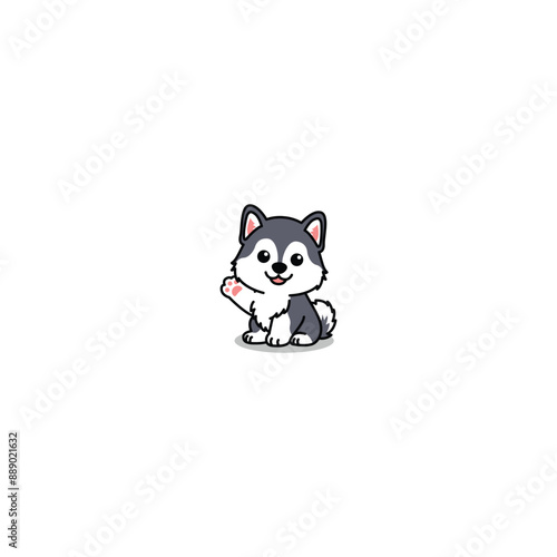 Cute siberian husky puppy sitting and waving paw cartoon, vector illustration