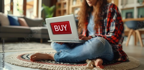 Woman Shopping Online on Laptop With Buy Button at Home