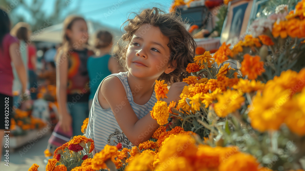 Dia del los Muertos. family working together to decorate a home altar with marigolds, photos, candles, and food. Dia del los Muertos. family working together to decorate a home altar with marigolds, photos, candles, and food.