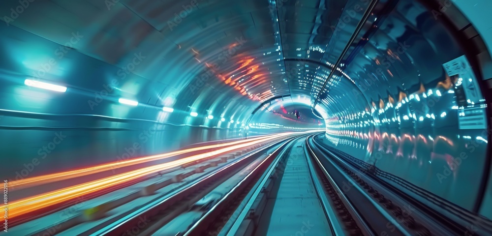 Illuminated Train Tracks Through a Blue Underground Tunnel Illuminated Train Tracks Through a Blue Underground Tunnel