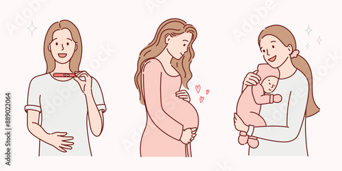 Happy girl holding a pregnancy test, pregnant and gave birth to a baby. vector line drawn illustration